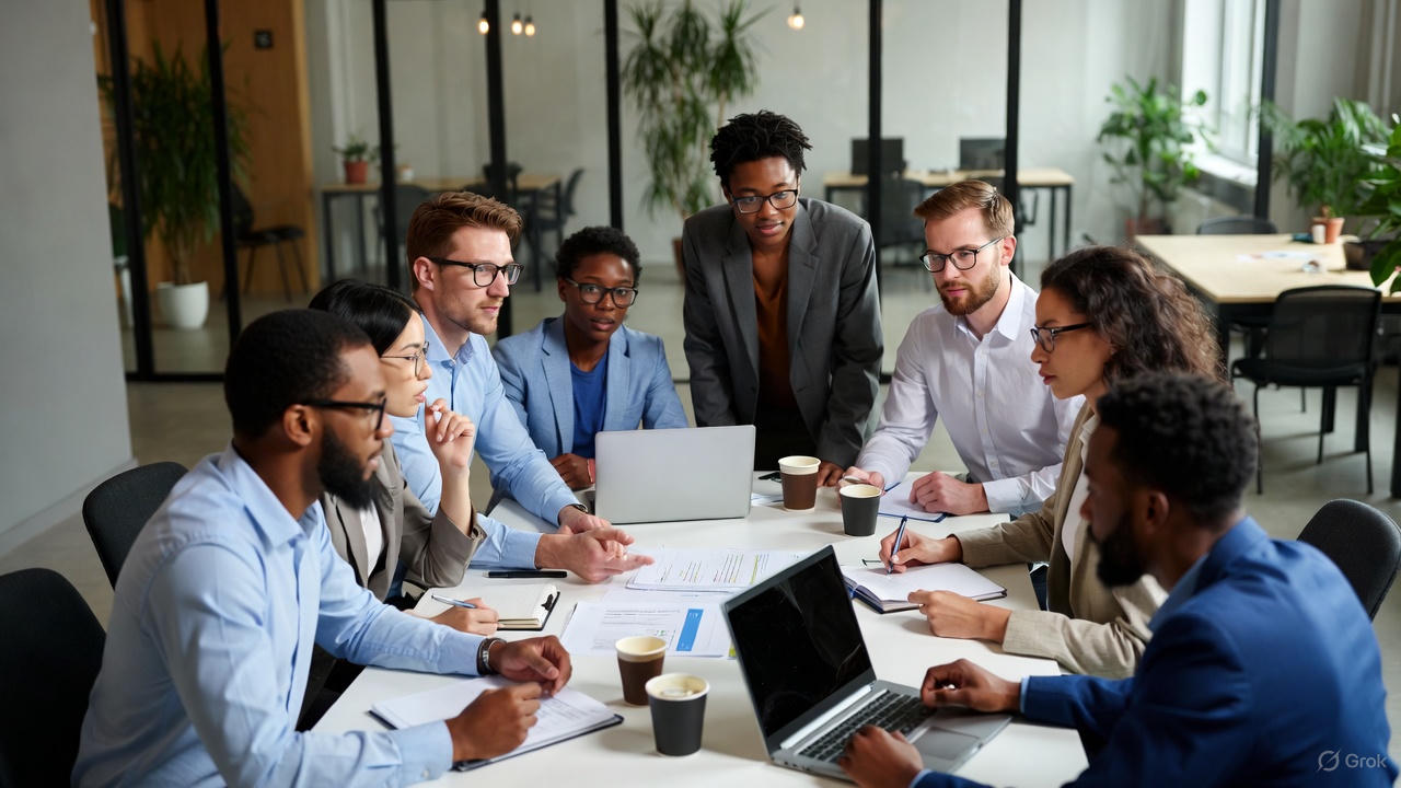 Team collaborating around a table.